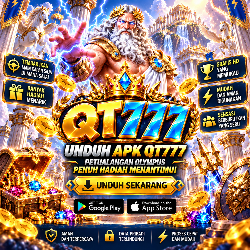 QT777 APK dengan tema petualangan Olympus dan tombol unduh